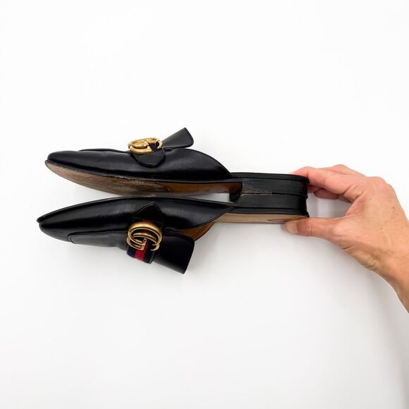 Gucci GG Web Stripe Peyton Mules Flat Slides Black Leather Loafers EU 38.5 US 8. - Picture 11 of 11